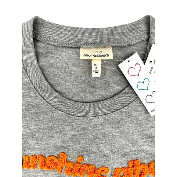 Sunshine Vibes Embroidered Graphic T-Shirt Girls Size XL 16 Tee Gray Self Esteem - Picture 5 of 8